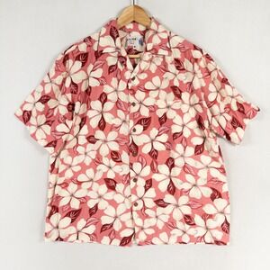 IOLANI Hawaiian Shirt Mens Medium Pink Floral Aloha Crinkle Rayon Made in Hawaii